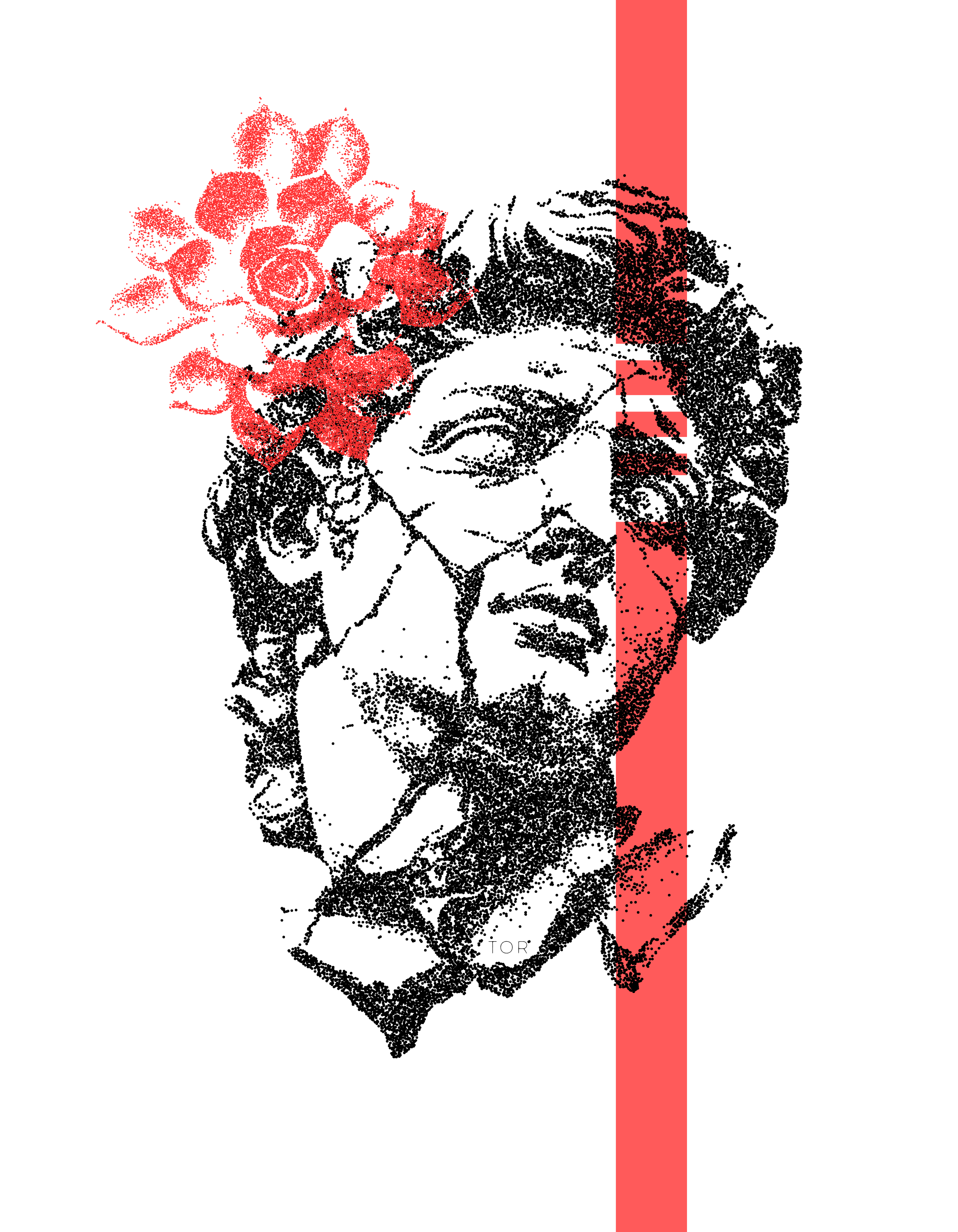 A black and white pointillist drawing of a woman with long hair, holding a flower near her face, with a red vertical line and a red heart made of dots overlaying her head.