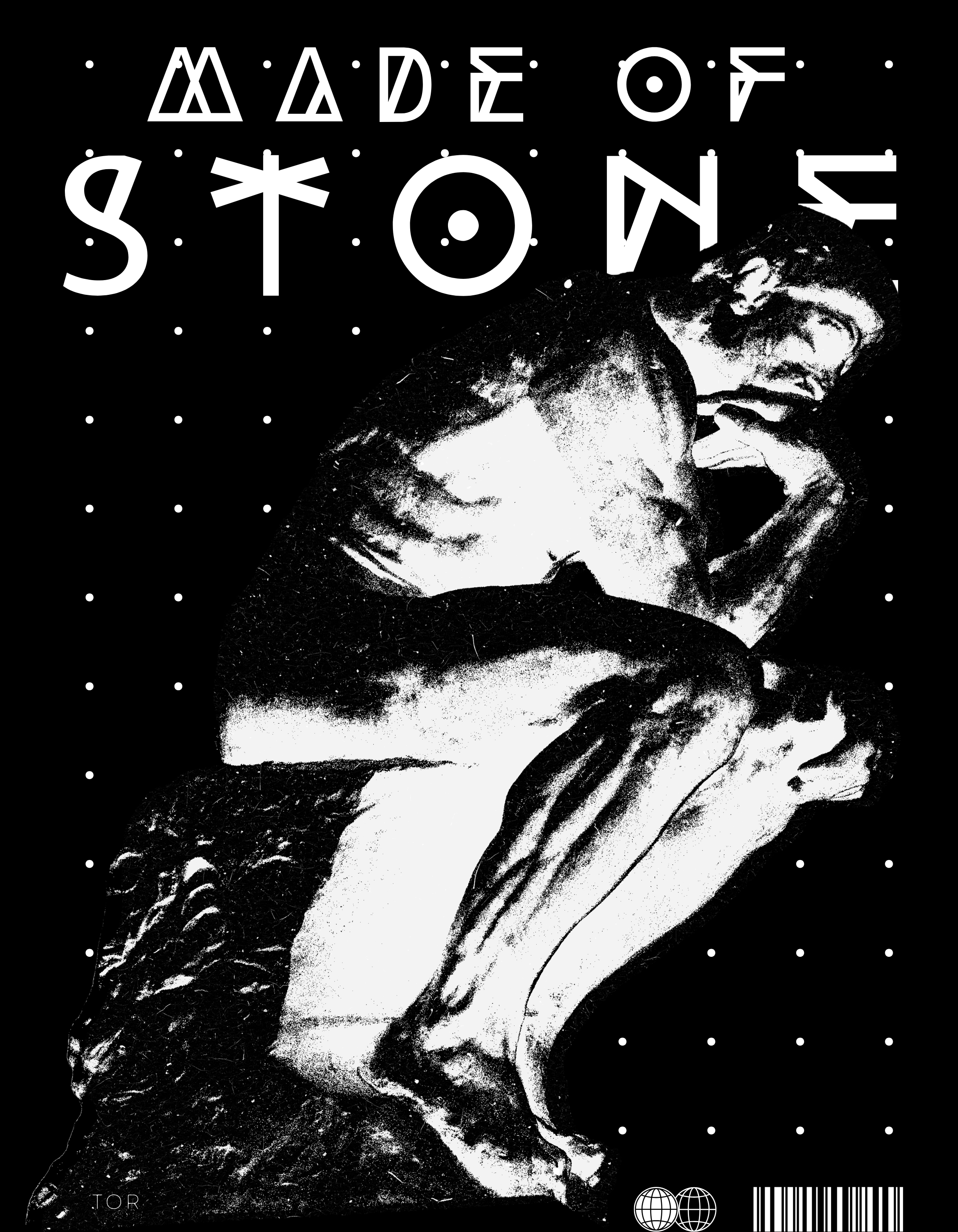 Black and white abstract image with a human face partially visible, surrounded by dots, with text reading 'MADE OF' and the word 'STORY' stylized. There are globe icons and a barcode at the bottom.
