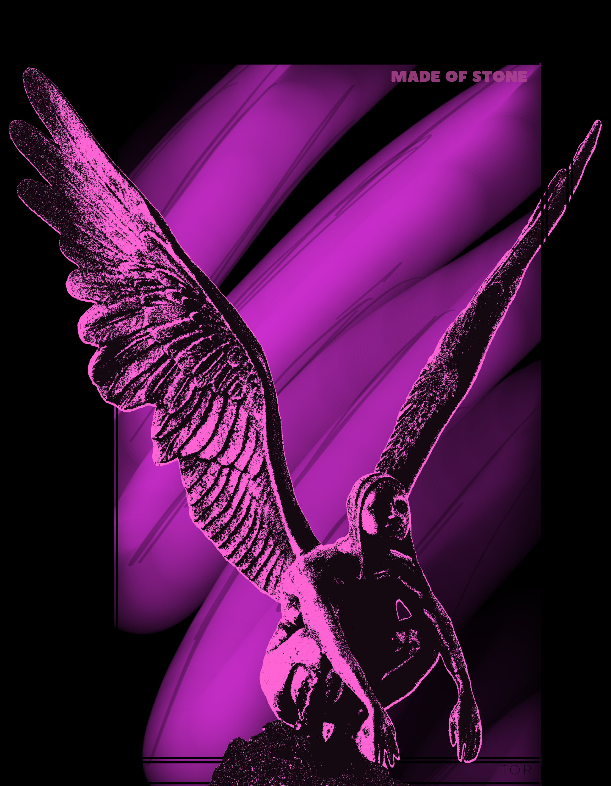 A stylized, artistic depiction of a butterfly with pink details and a purple gradient background, with the text 'Made of Stone' in the upper right corner.