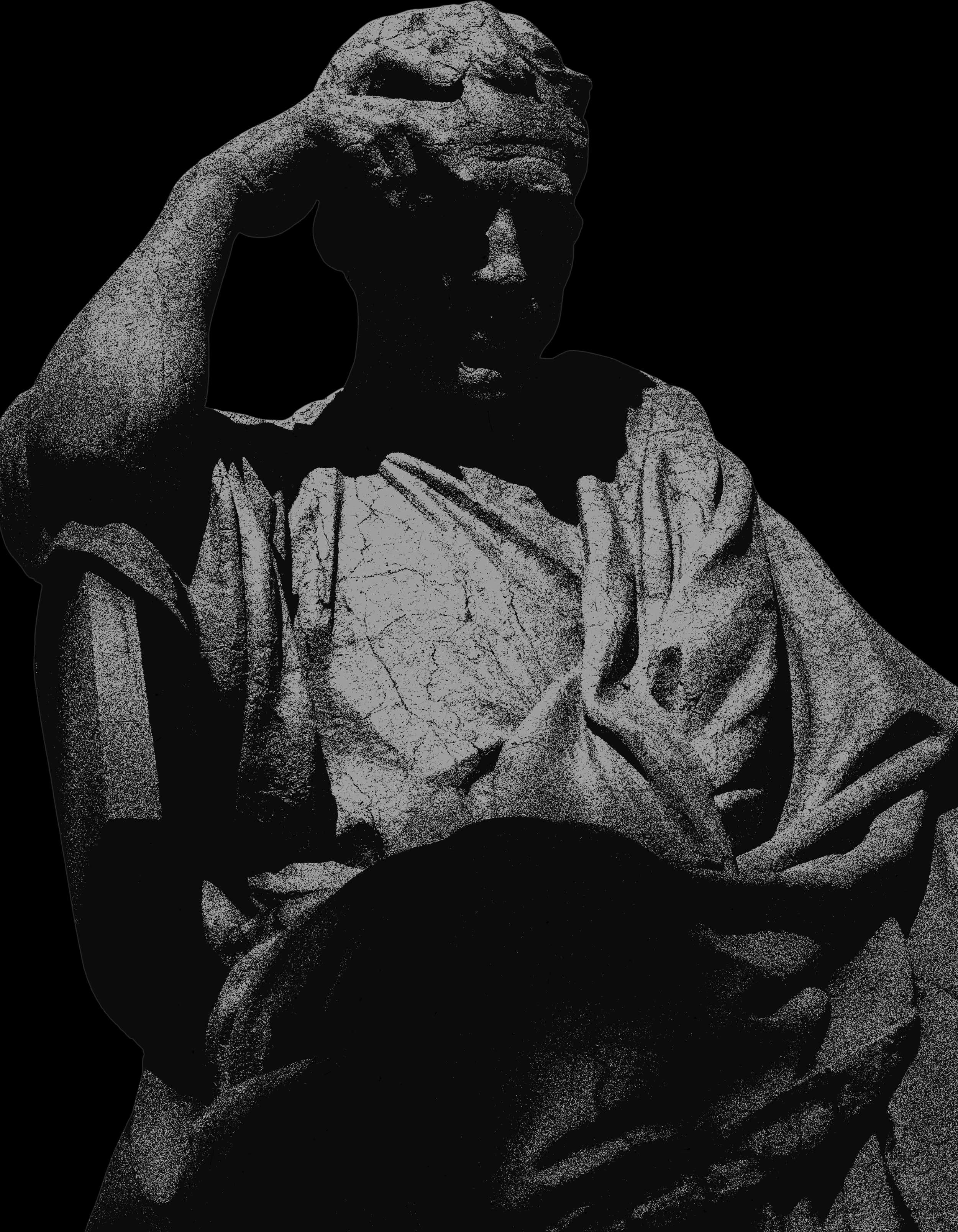 A black and white artistic image of a person with their hand on their forehead and their other hand on their chest, wearing a loose shirt, with a textured, crackled effect.