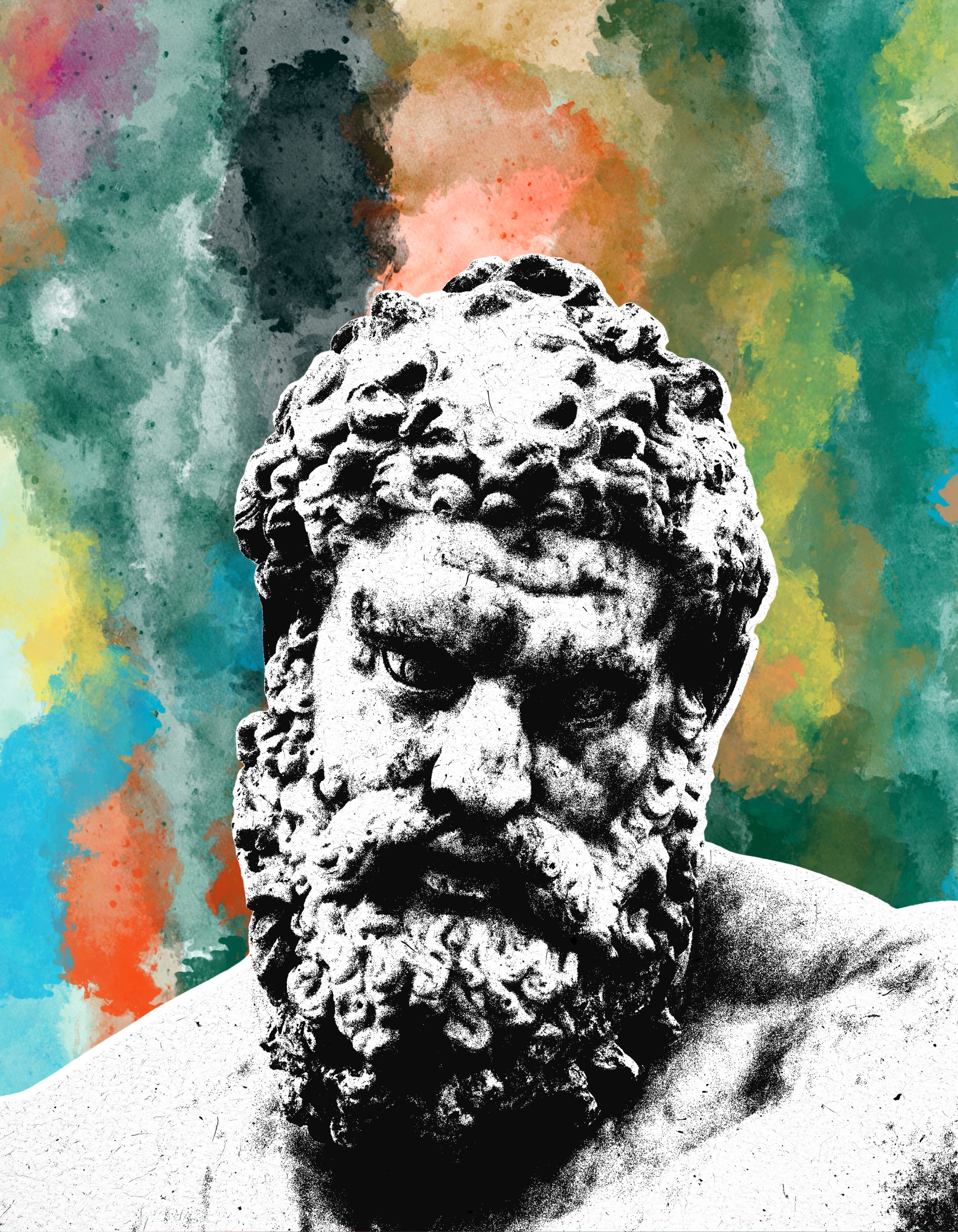A black and white artistic portrait of Socrates with colorful watercolor background.