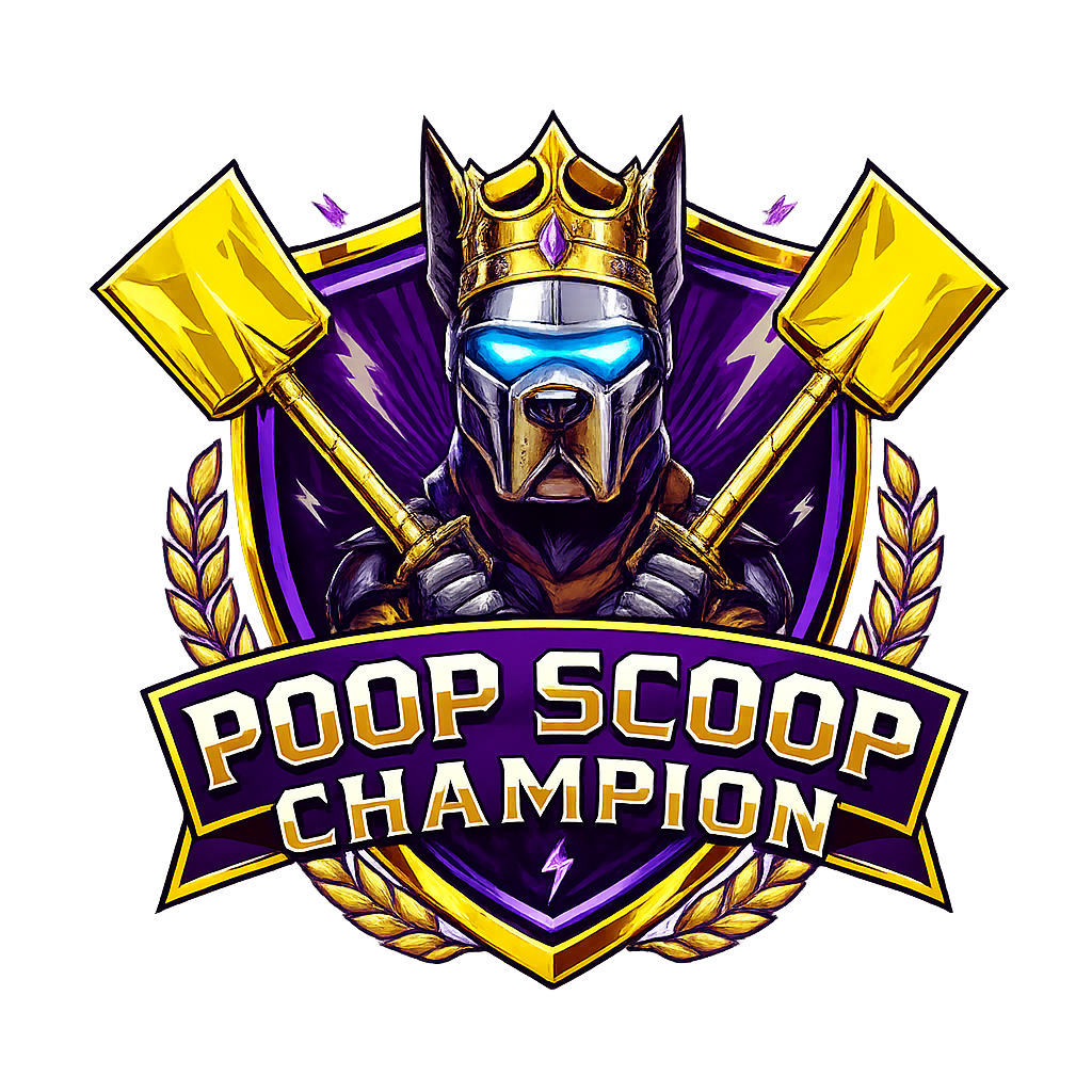 A cartoon-style mascot of a dog with a metallic helmet and glowing blue eyes, wearing a crown, holding a poop scooper in each paw, and standing in front of a shield with the text "Poop Scooping Champion," decorated with gold and purple elements.