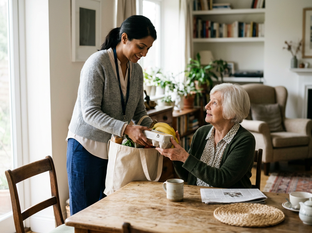 A young woman delivers a grocery tote filled with groceries to an elderly woman sitting at a dining table, smiling at her.