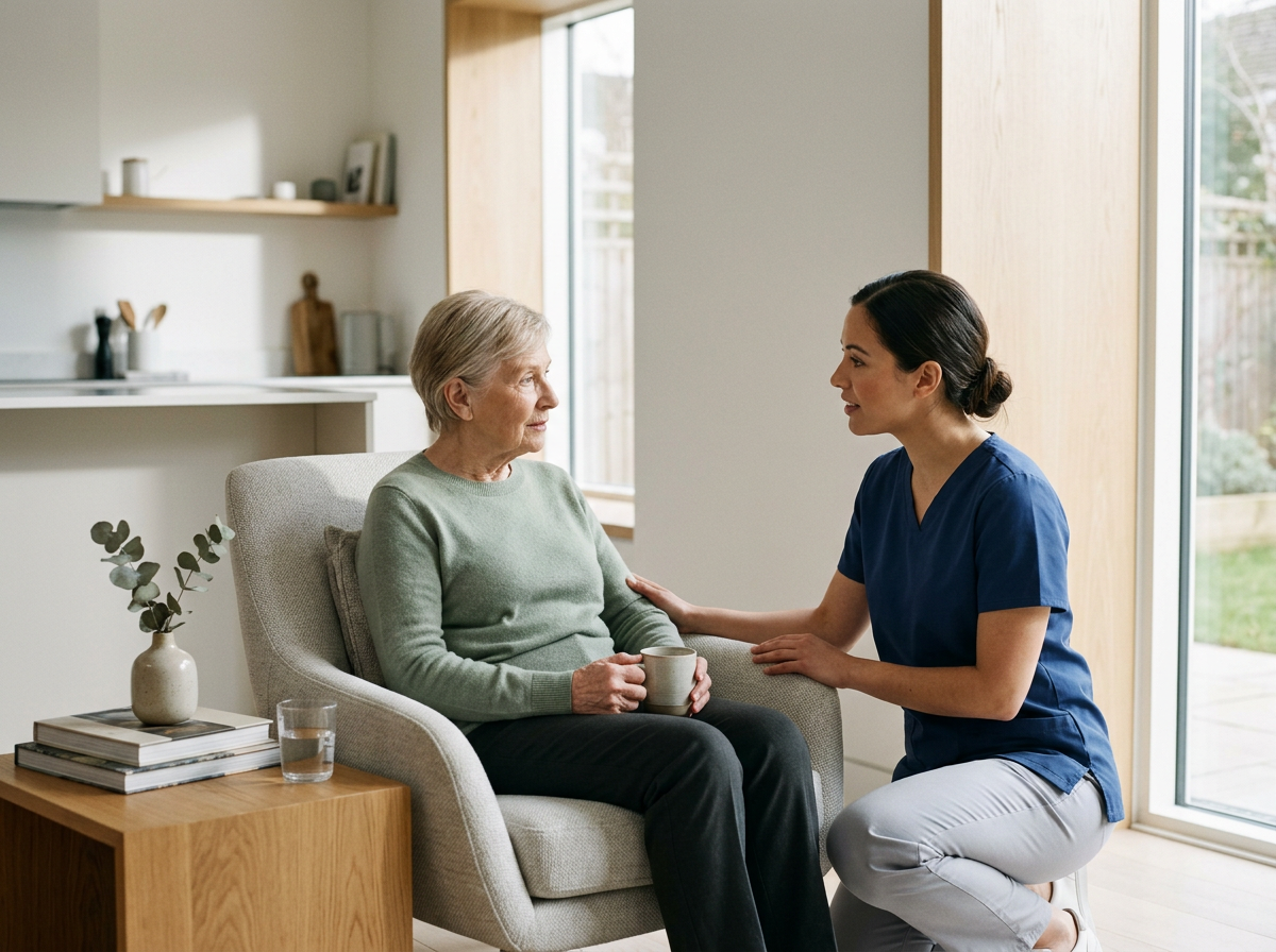 A woman in medical scrubs kneeling and talking to an elderly woman sitting in a chair in a bright, modern room. The elderly woman holds a mug and has a small glass of water on a side table.