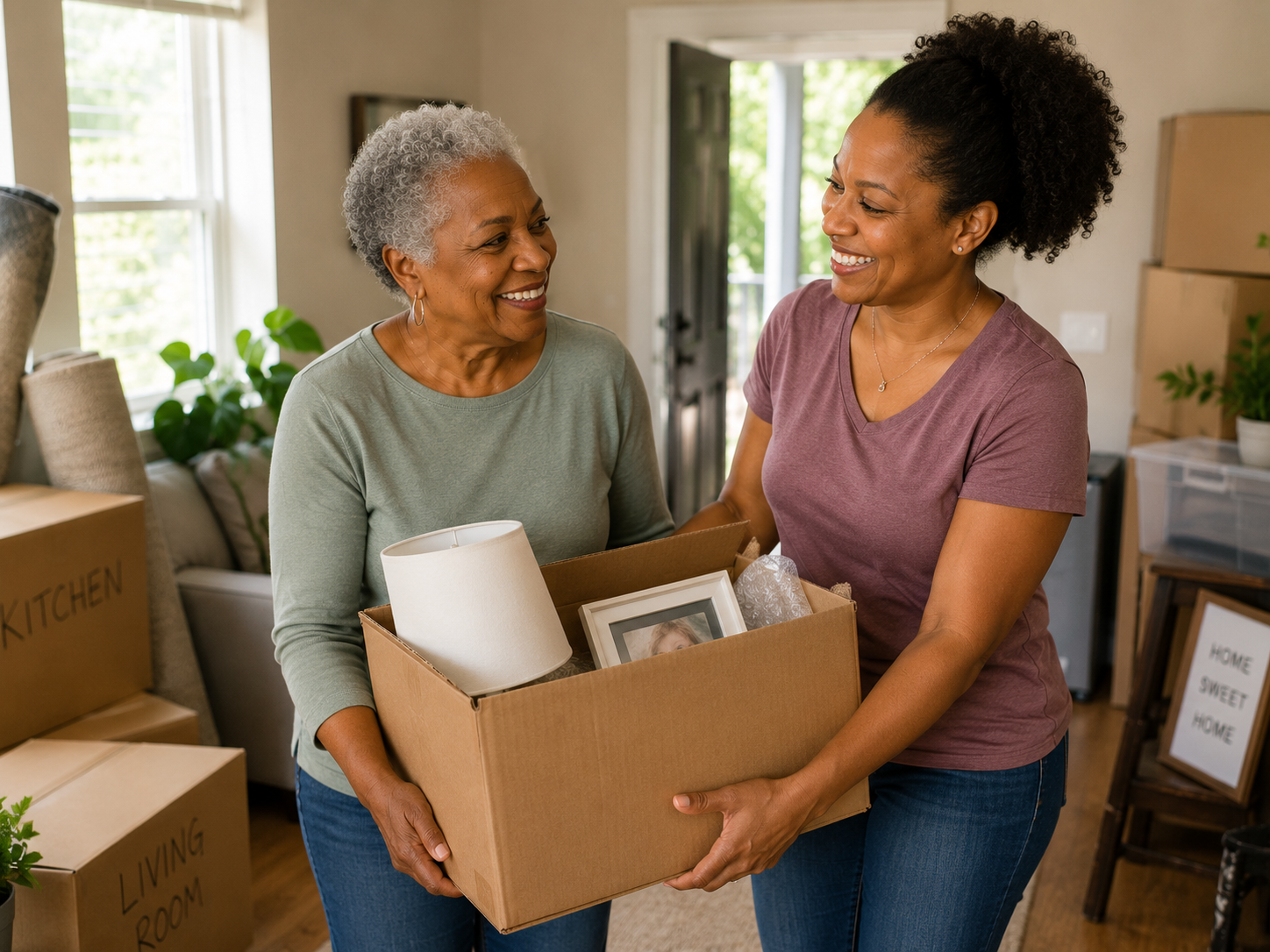 Two women moving into a new home, smiling and holding a cardboard box filled with household items and a framed photo, with moving boxes and home decor in the background.
