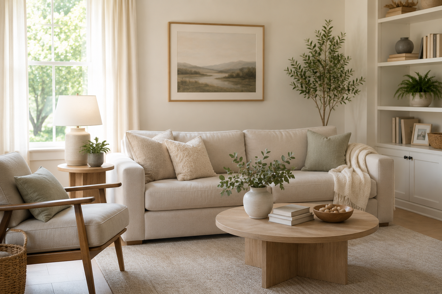 A cozy living room with a cream sofa, wooden coffee table with a vase of greenery, and a side table with a lamp and plant. Pale-colored pillows and a blanket are on the sofa. A large window lets in natural light, and a landscape painting hangs on the wall. There are built-in shelves with books and decorative items, a large potted plant in the corner, and a beige area rug on the floor.