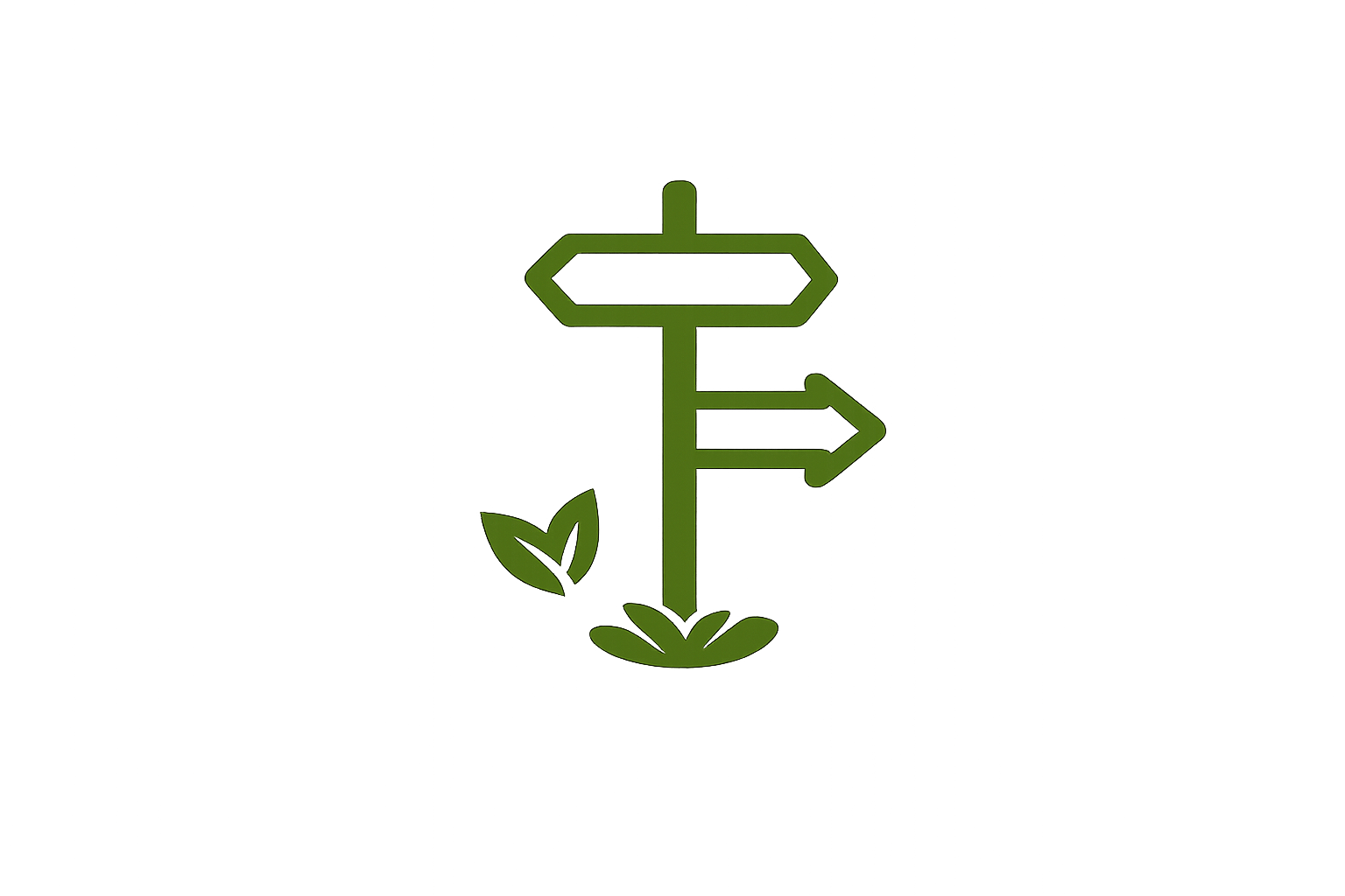 Green signpost with arrows pointing in different directions, surrounded by leaves and grass.