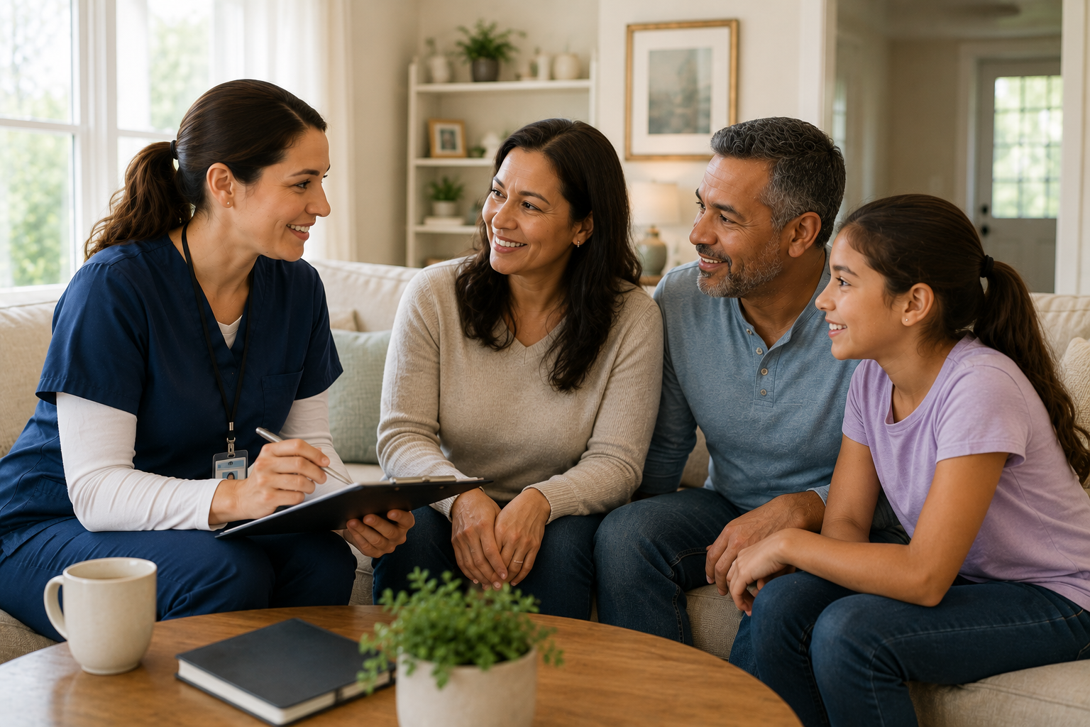 A healthcare professional, sitting on a beige sofa, talking to a family of four, including a mother, father, daughter, and a female doctor. The family appears engaged and happy. The room has bright lighting, a round wooden table with a potted plant, a coffee cup, and a notebook, and a background with a white bookshelf and framed art.