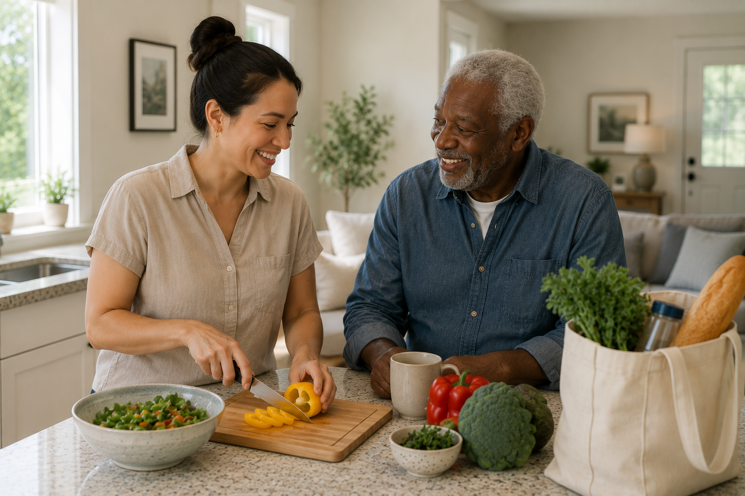 A young woman and an elderly man are cooking together in a bright, cozy kitchen. The woman is slicing yellow bell peppers on a wooden cutting board while smiling at the man. There are fresh vegetables like broccoli and red peppers, as well as a bowl of salad, a cup, and a tote bag filled with groceries on the kitchen counter.