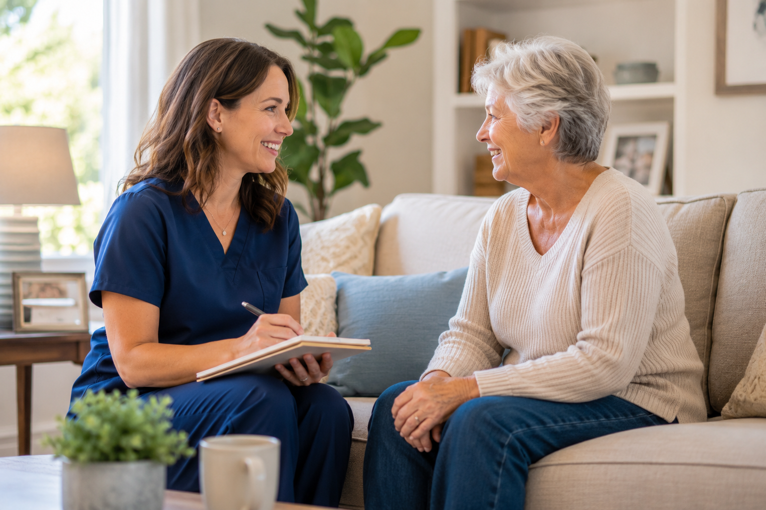 A young female nurse or social worker in blue scrubs talking with an elderly woman on a beige couch in a bright living room, both smiling and engaging in conversation.