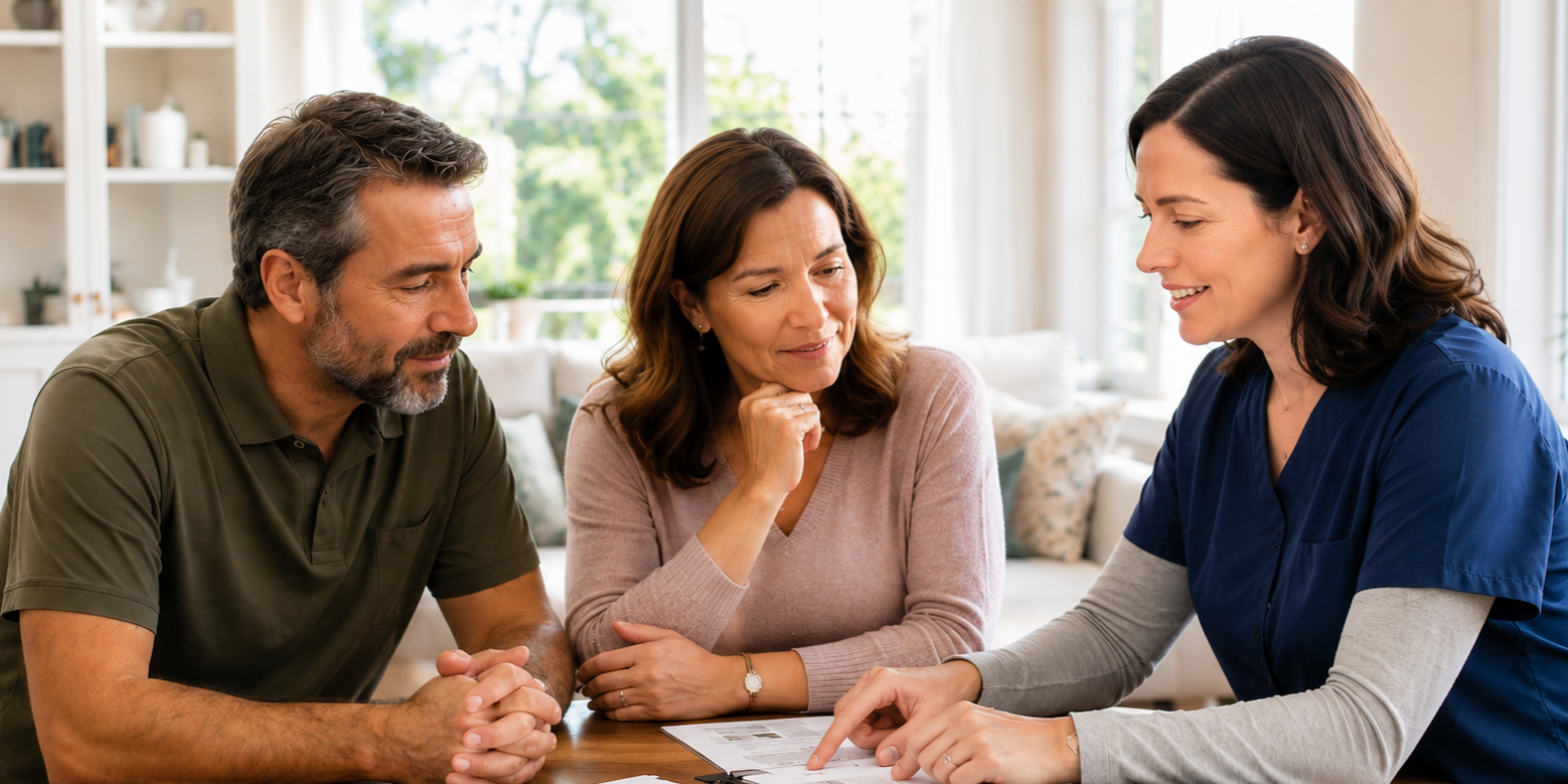 Three adults sitting at a table engaged in a discussion, with one woman pointing to a document, in a bright living room.