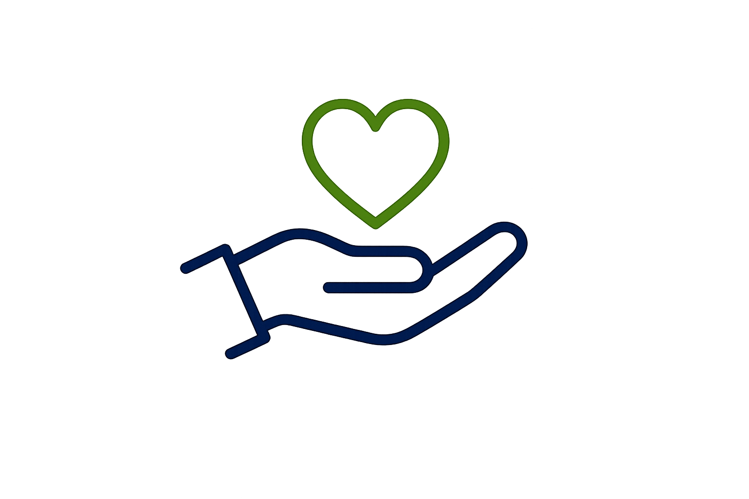 A stylized blue hand holding up a heart with a green outline, symbolizing care or support.
