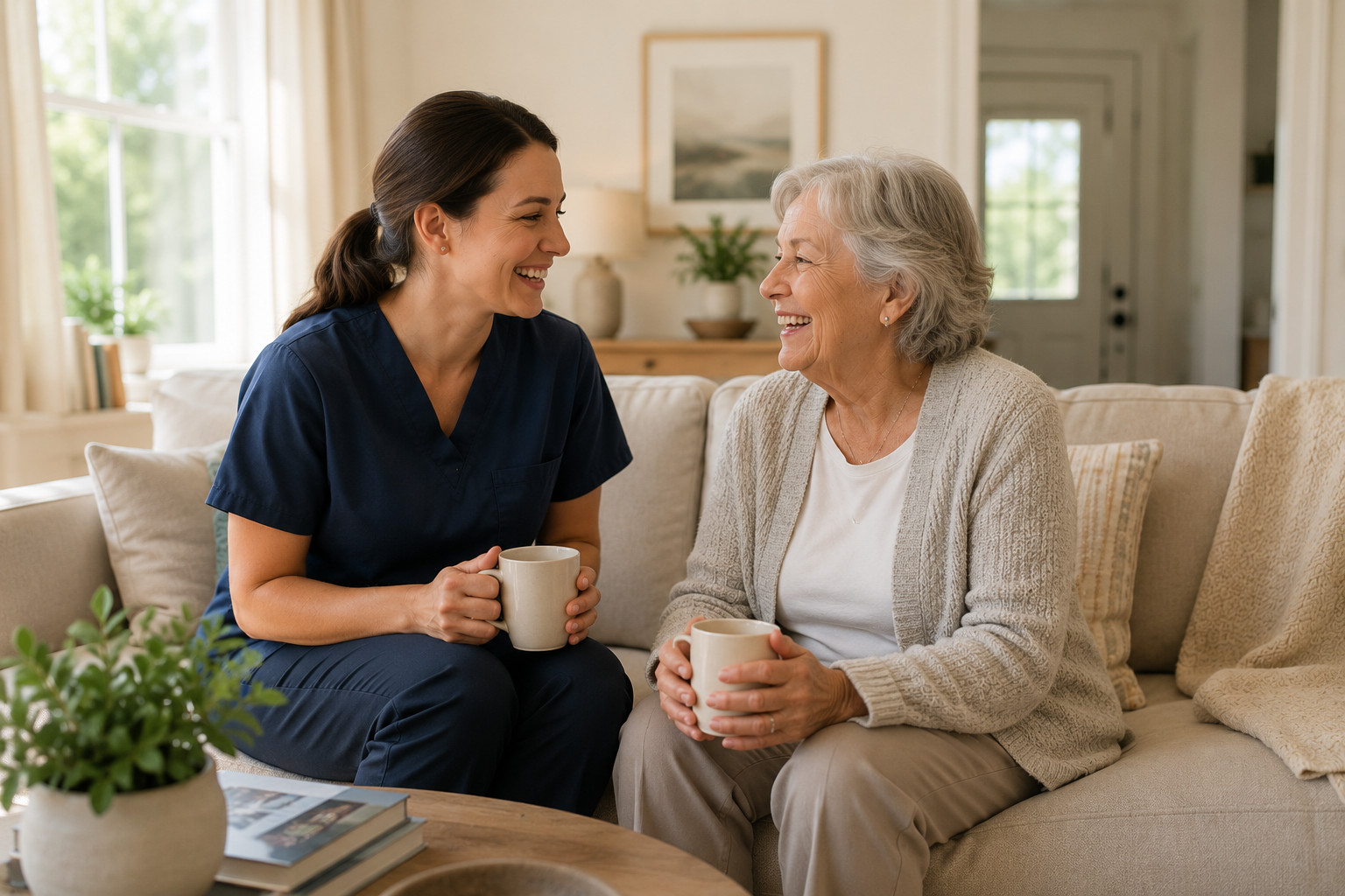 Nurse and elderly woman sharing a happy moment on a sofa, holding mugs, in a cozy living room.