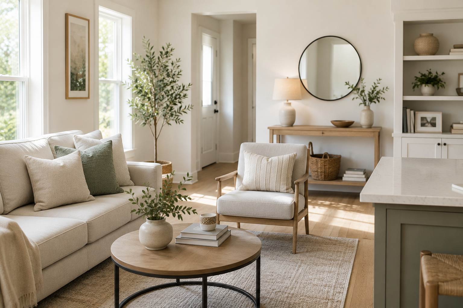 Bright living room with cream sofa, armchair, wooden coffee table, and natural decor including plants, vases, and framed artwork