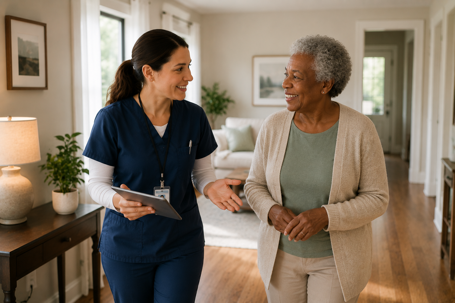 A healthcare worker talking to an elderly woman in a cozy living room.