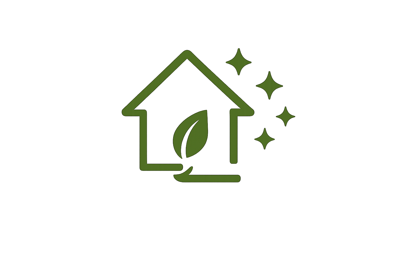 A green outline of a house with a leaf inside, surrounded by sparkles, symbolizes eco-friendly or sustainable home.
