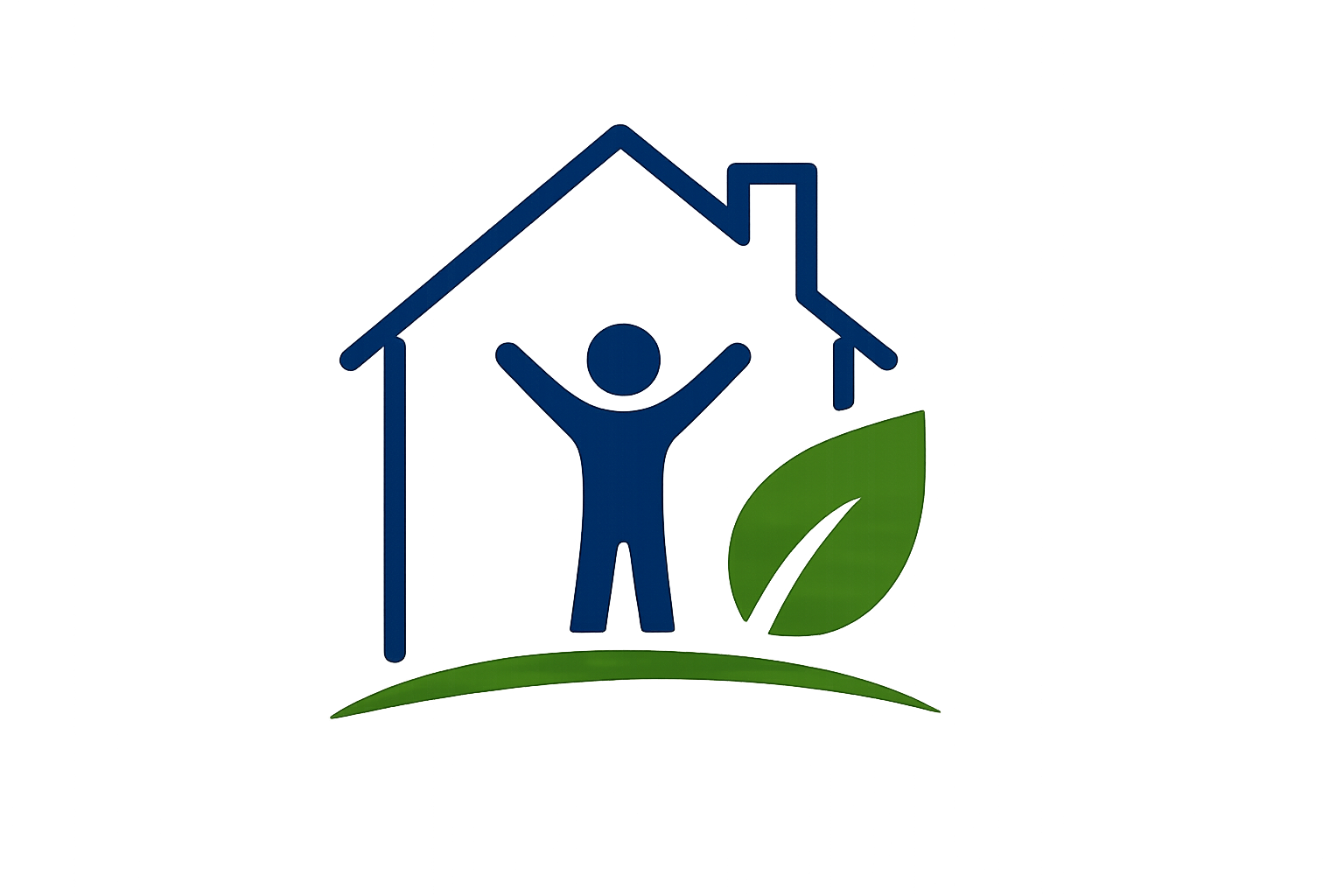 Graphic of a stylized house with a human figure inside, rising from a green leaf, symbolizing eco-friendly housing or sustainability.