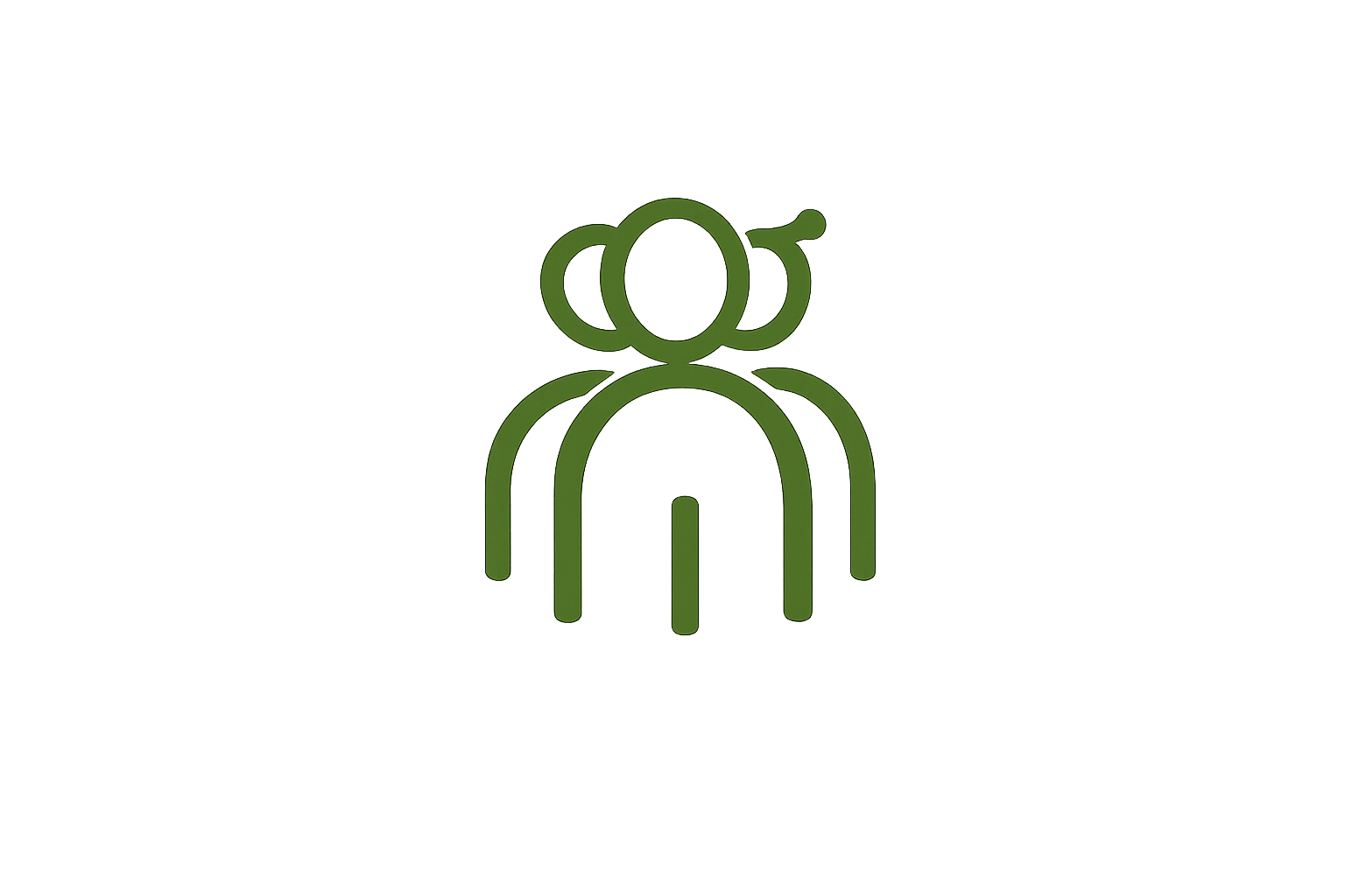 Green line art icon of a person with a person with a bun hairstyle on top of the head, on a black background.