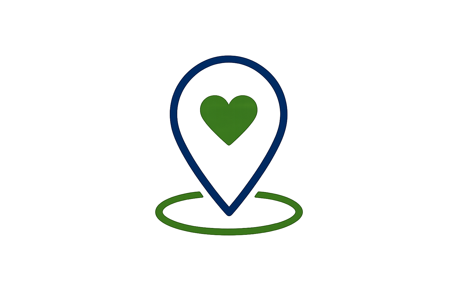 A digital map marker with a green heart inside, placed on a green circular base, enclosed in a blue outline, representing a location or destination.