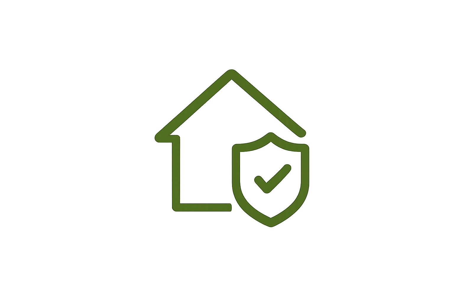 Outline of a house with a shield bearing a check mark in front of it, symbolizing home security or protection.