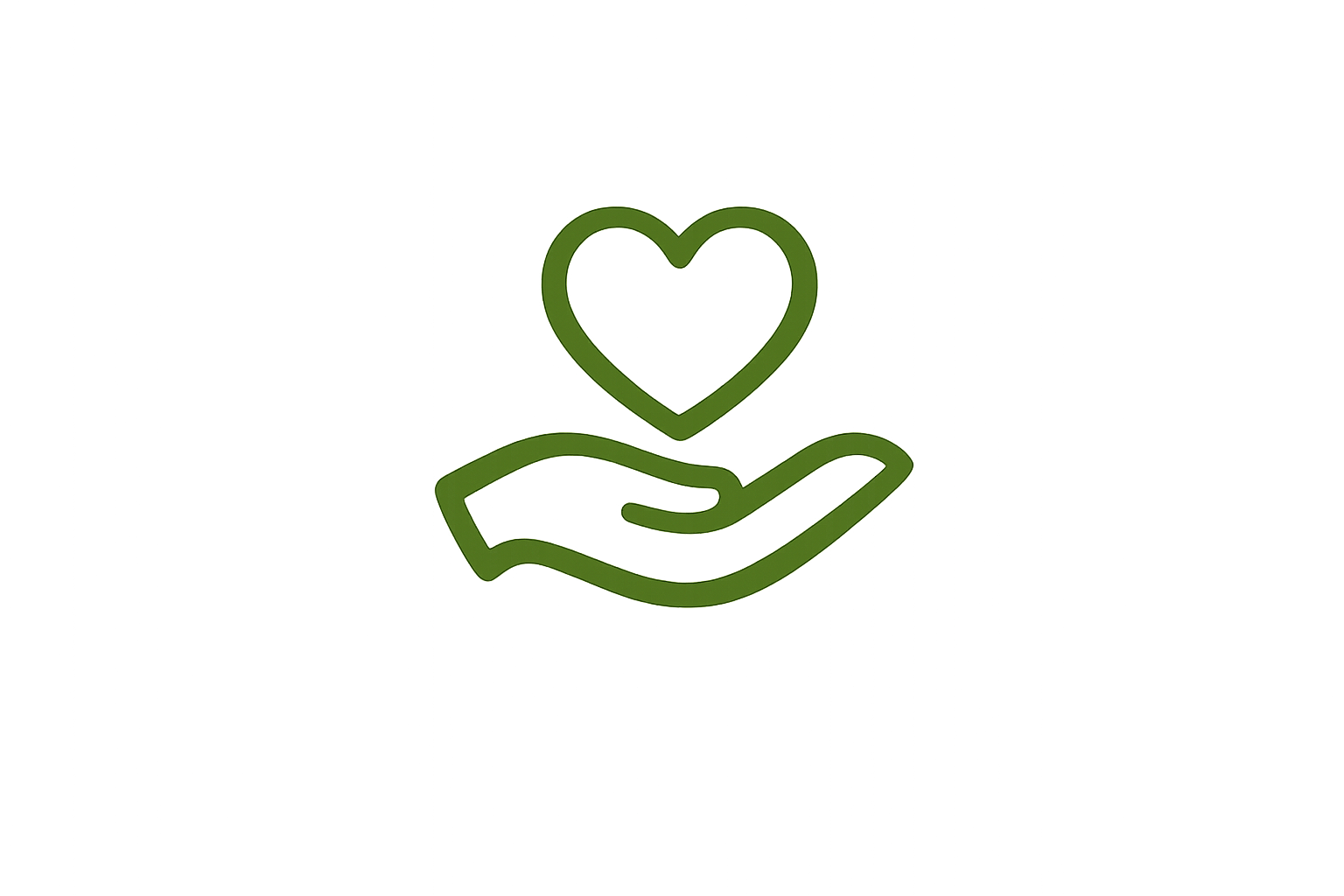Outline of a hand holding a heart symbol on a blurred green background.