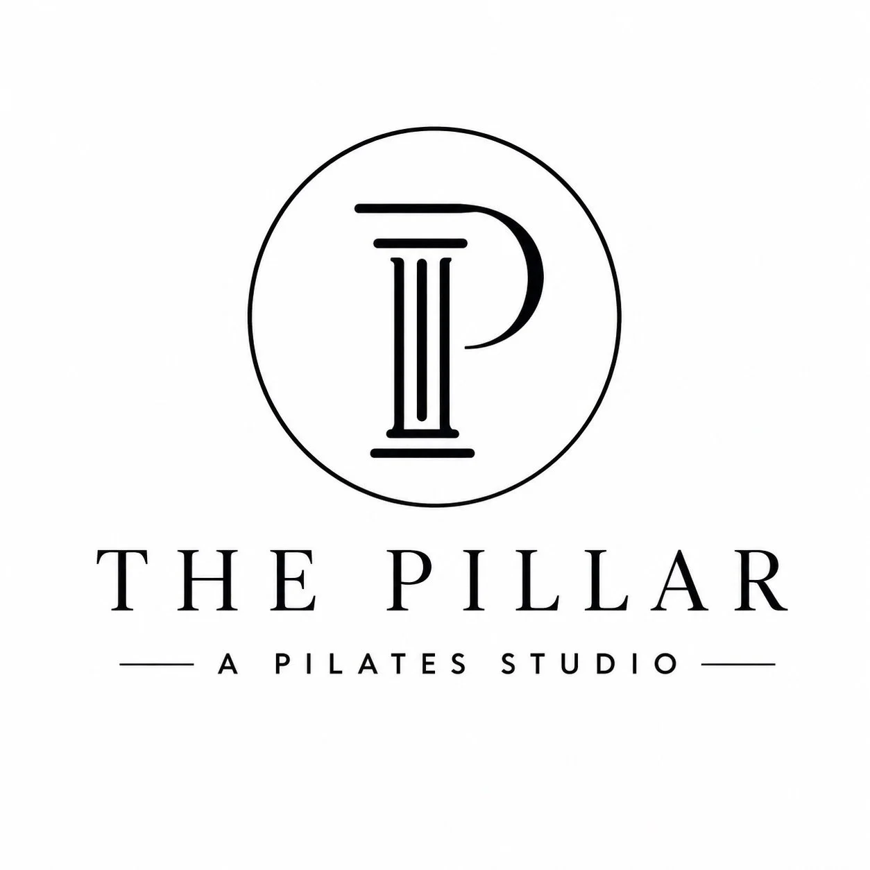 Logo for The Pillar Pilates Studio featuring a stylized pillar with a circular background and text below reading 'The Pillar - A Pilates Studio'.