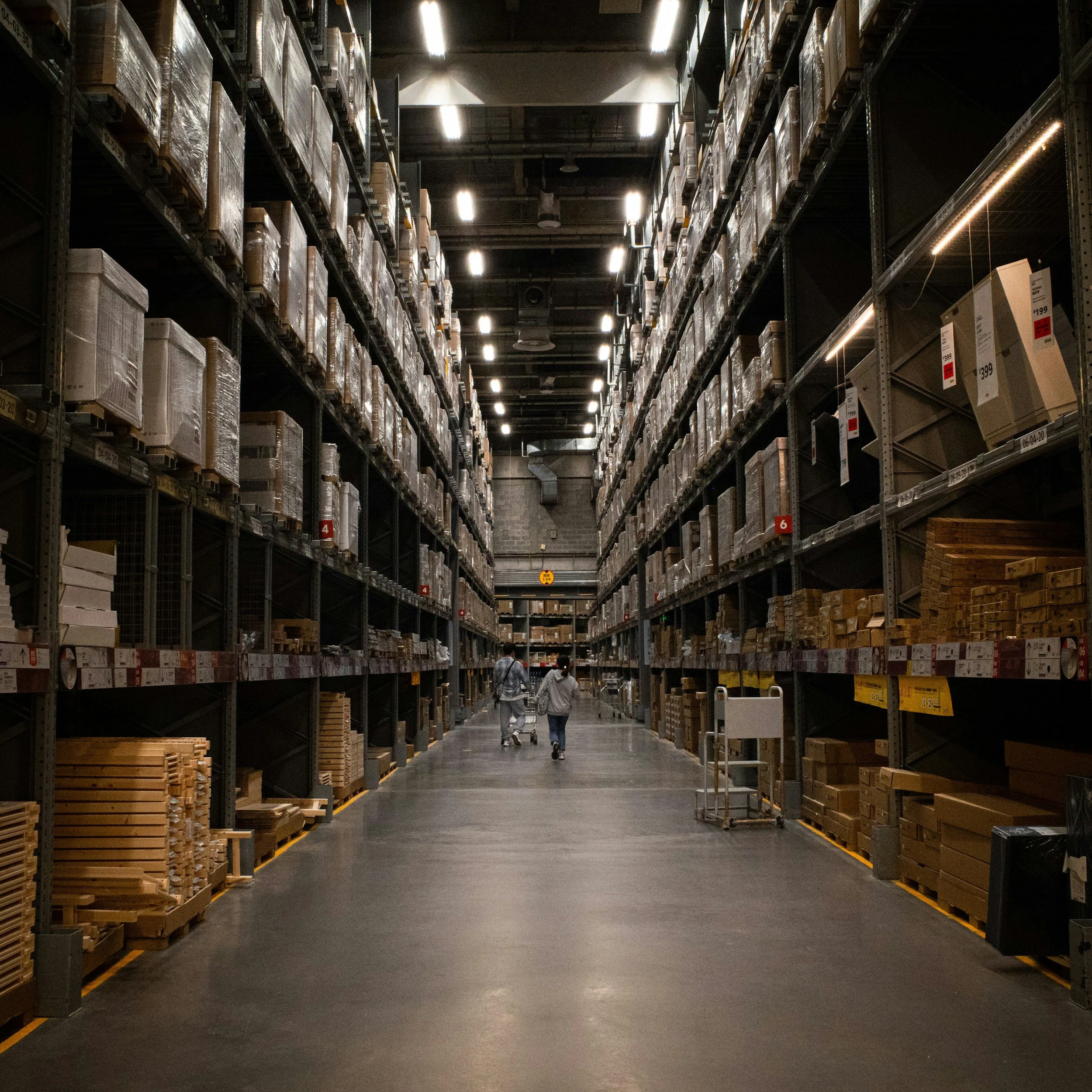 Warehouse aisle with high metal shelves stocked with boxes and wooden planks, two people walking in the distance.