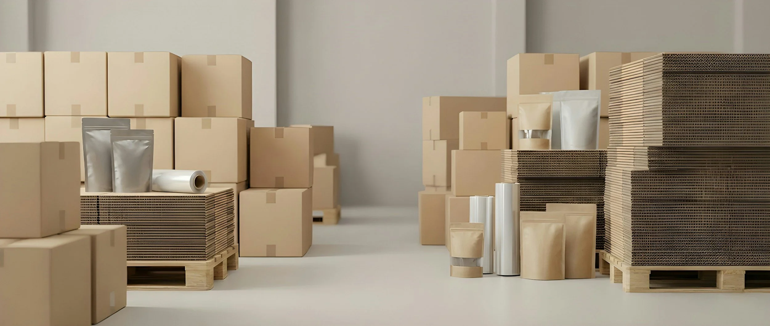 Various cardboard boxes and packing materials are arranged on pallets and the floor, likely in a warehouse or storage space.