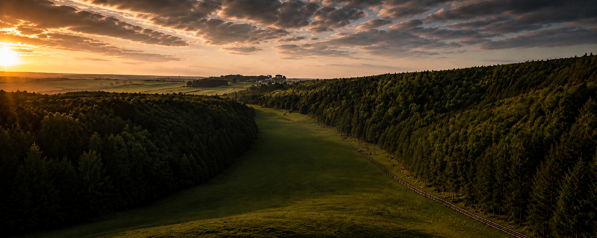 A landscape of rolling green hills and dense forests during sunset, with a partly cloudy sky and sunlight casting a warm glow over the scenery.
