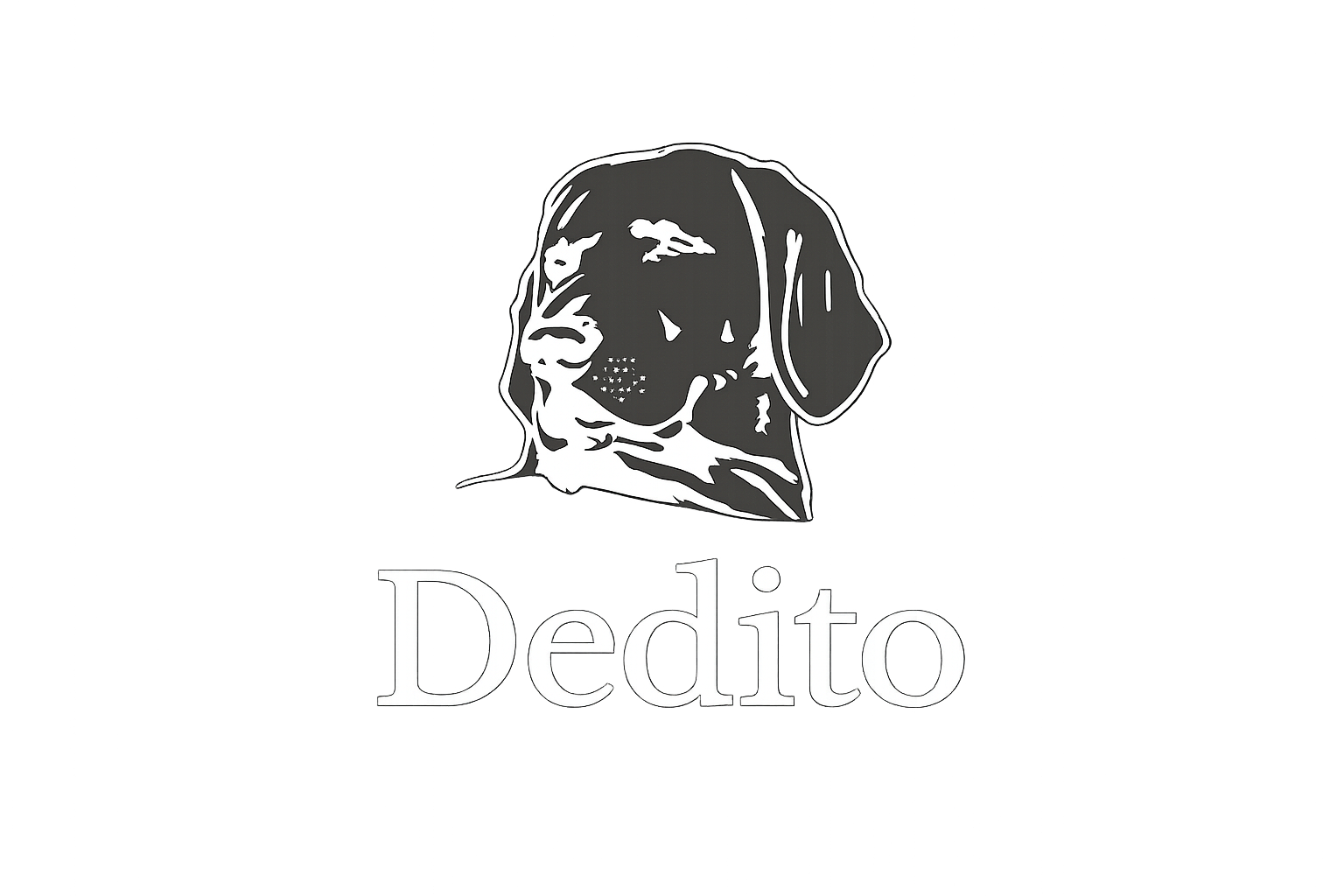 A black background with a white line drawing of a dog's face and the word 'Dedo' written below.