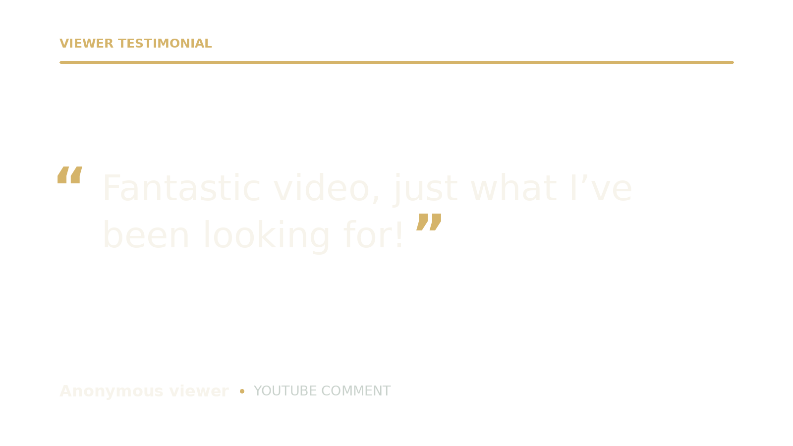 Testimonial graphic with a quote: "Fantastic video, just what I've been looking for!" by an anonymous YouTube commenter, in gold and white text on a black background.