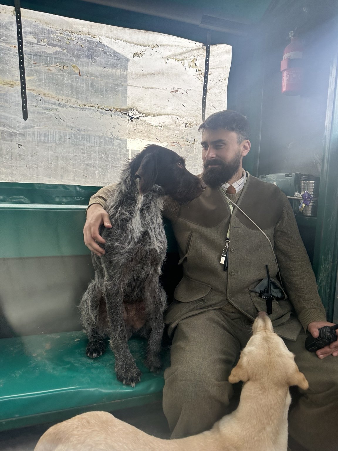 A man with a beard and brown clothes sitting on a green bus seat, hugging a large dog with a wiry coat, with a puppy nearby.