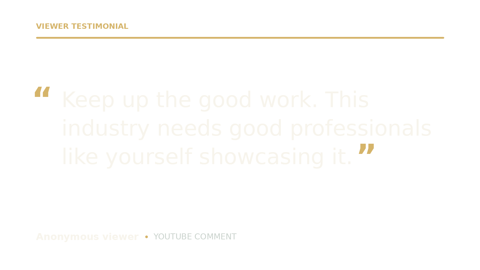 A quote in white text on a black background states, 'Keep up the good work. This industry needs good professionals like yourself showcasing it.' Below the quote, in smaller white and gold text, it says, 'Anonymous viewer - YOUTUBE COMMENT.'
