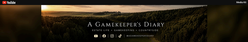 Landscape view of countryside with trees and open field at sunset, with the title 'A Gamekeeper's Diary' overlayed.