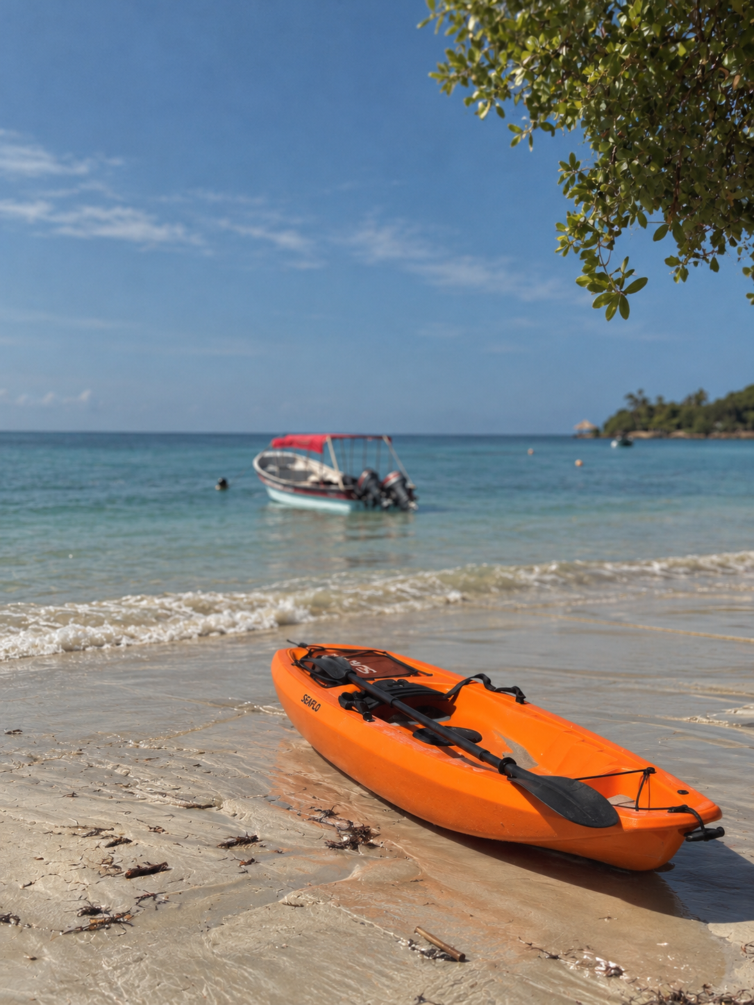 Kayak naranja junto al mar diáfano.png