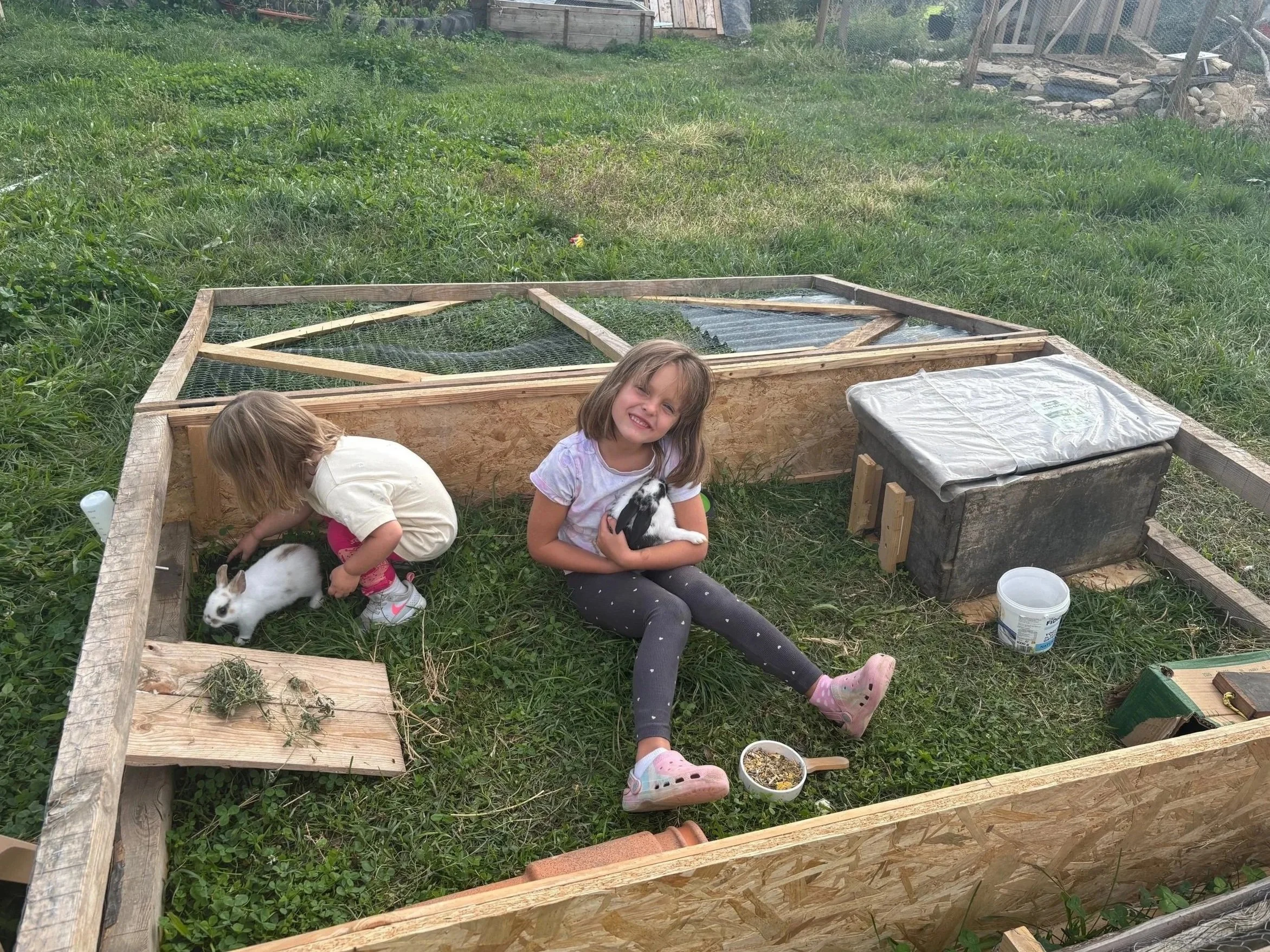 Two young girls are sitting inside a partially built wooden outdoor rabbit hutch with wire mesh on top. One girl is smiling at the camera holding a black and white rabbit, while the other girl is looking down and tending to a rabbit on the ground. There are rabbit food and a white bucket nearby, and the background shows a grassy backyard with a garden and various structures.