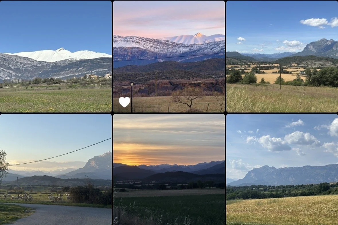 Six landscape photos of mountains, fields, and sunsets, including snowy peaks, green hills, and cloudy skies.