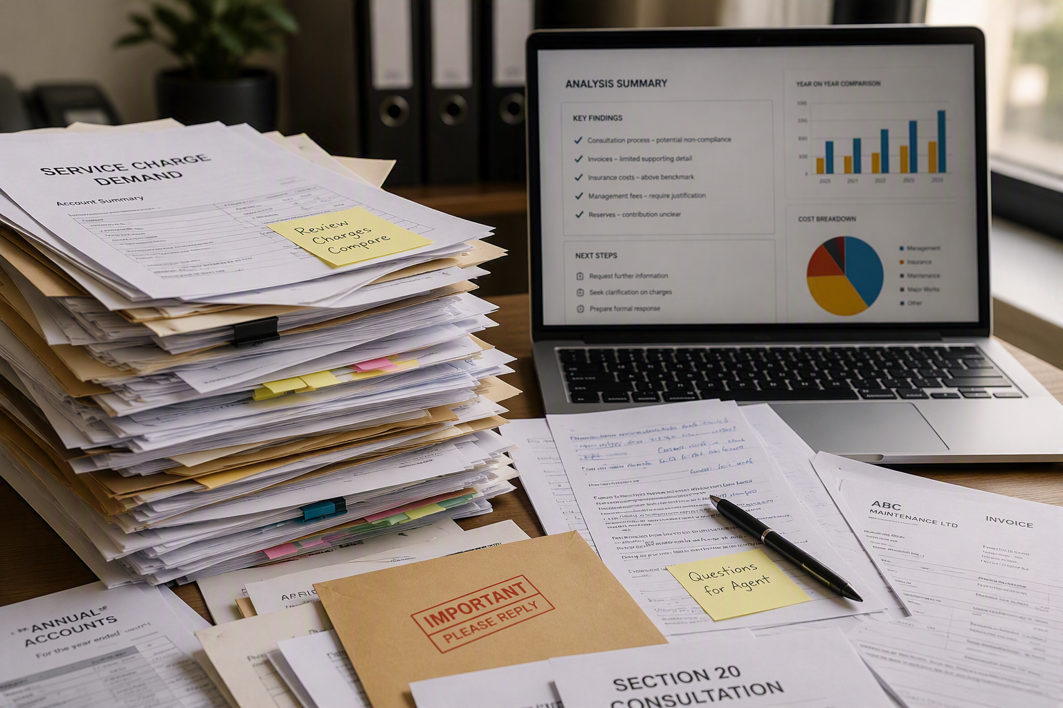 Desk cluttered with stacks of paper, notes, and files, alongside a laptop displaying charts and analysis, in an office environment.