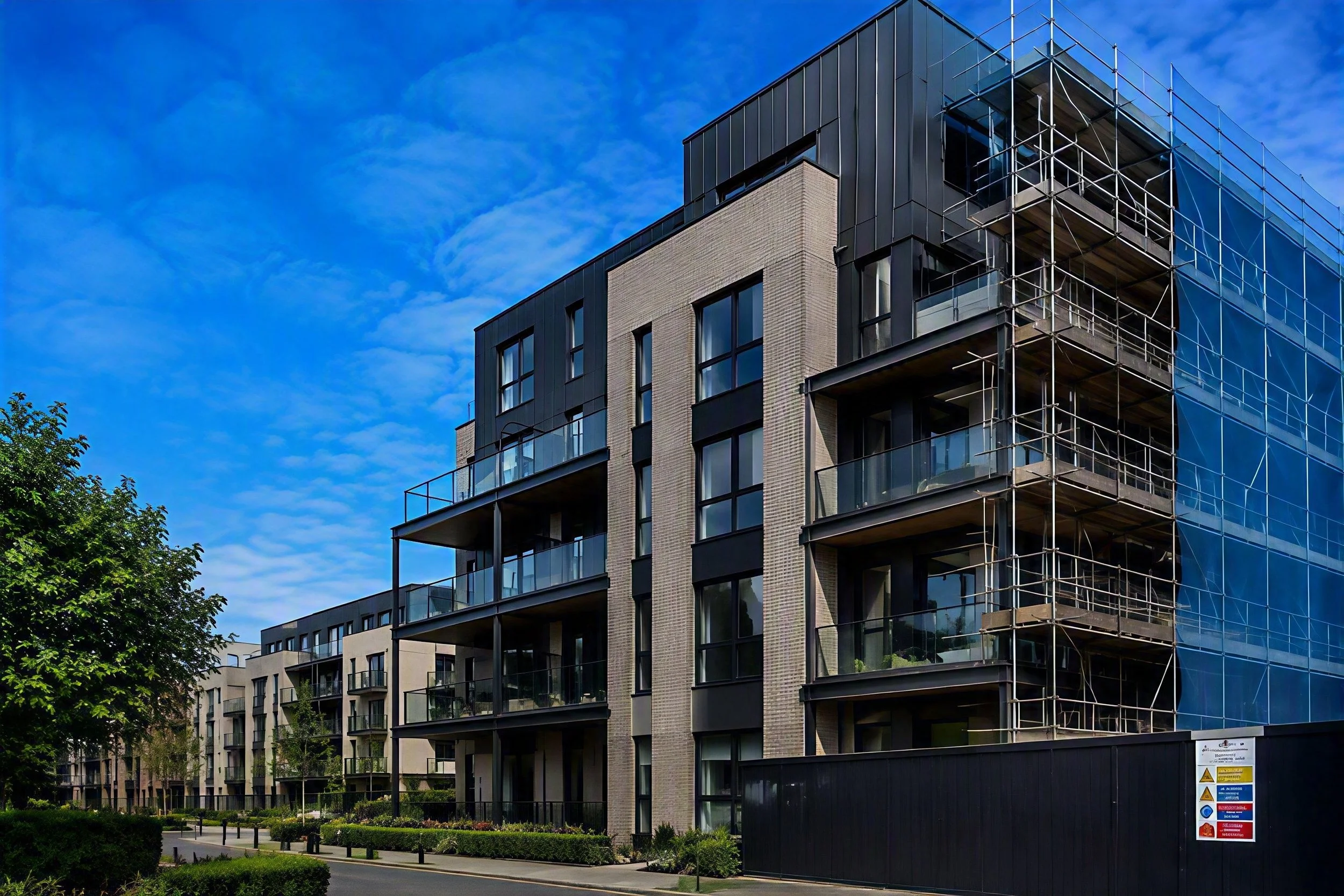 Modern multi-story residential building with balconies, some under construction with scaffolding, surrounded by greenery on a clear day.