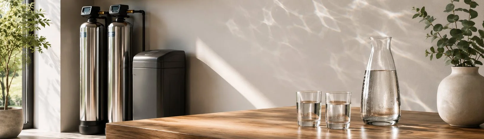 A wooden table with a glass water pitcher, two glasses of water, and two potted plants on it, with sunlight casting reflections.