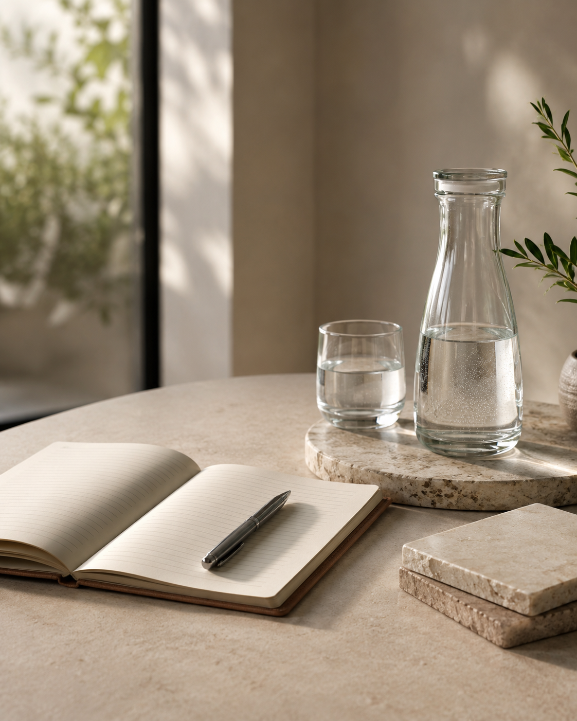 Open notebook with pen, glass of water, and water pitcher on a beige marble table with a potted plant in the background.
