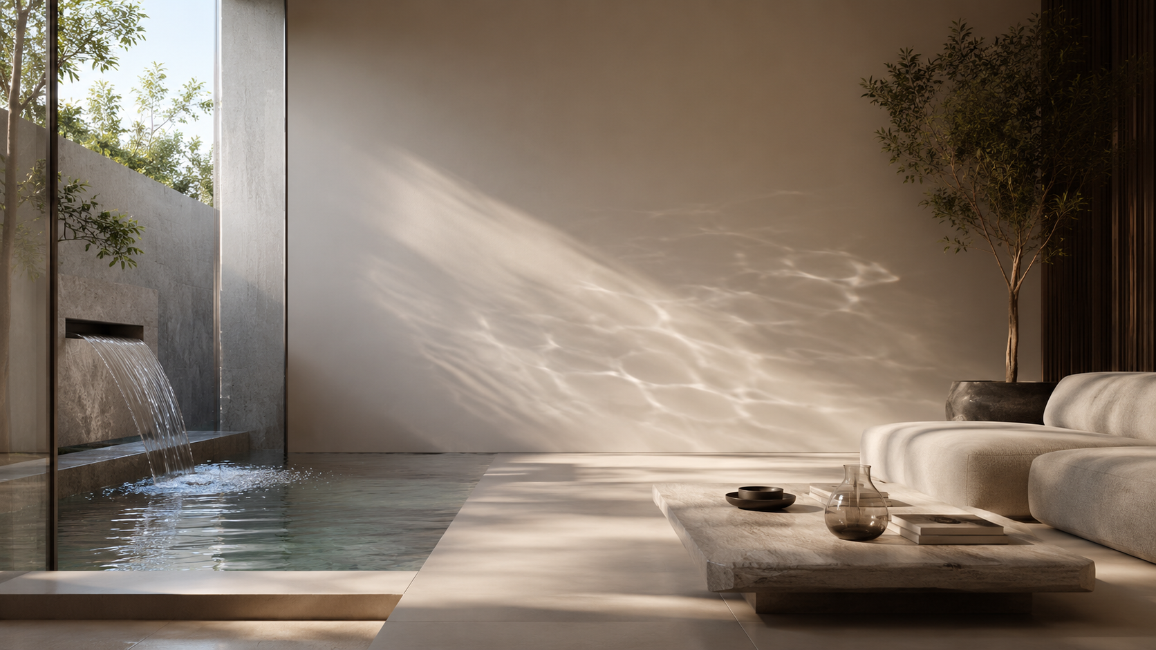 Modern indoor space with a small indoor pool, a water feature on the left, a beige sofa, a coffee table with decorative items, a large potted plant, and sunlight creating reflections on the wall.