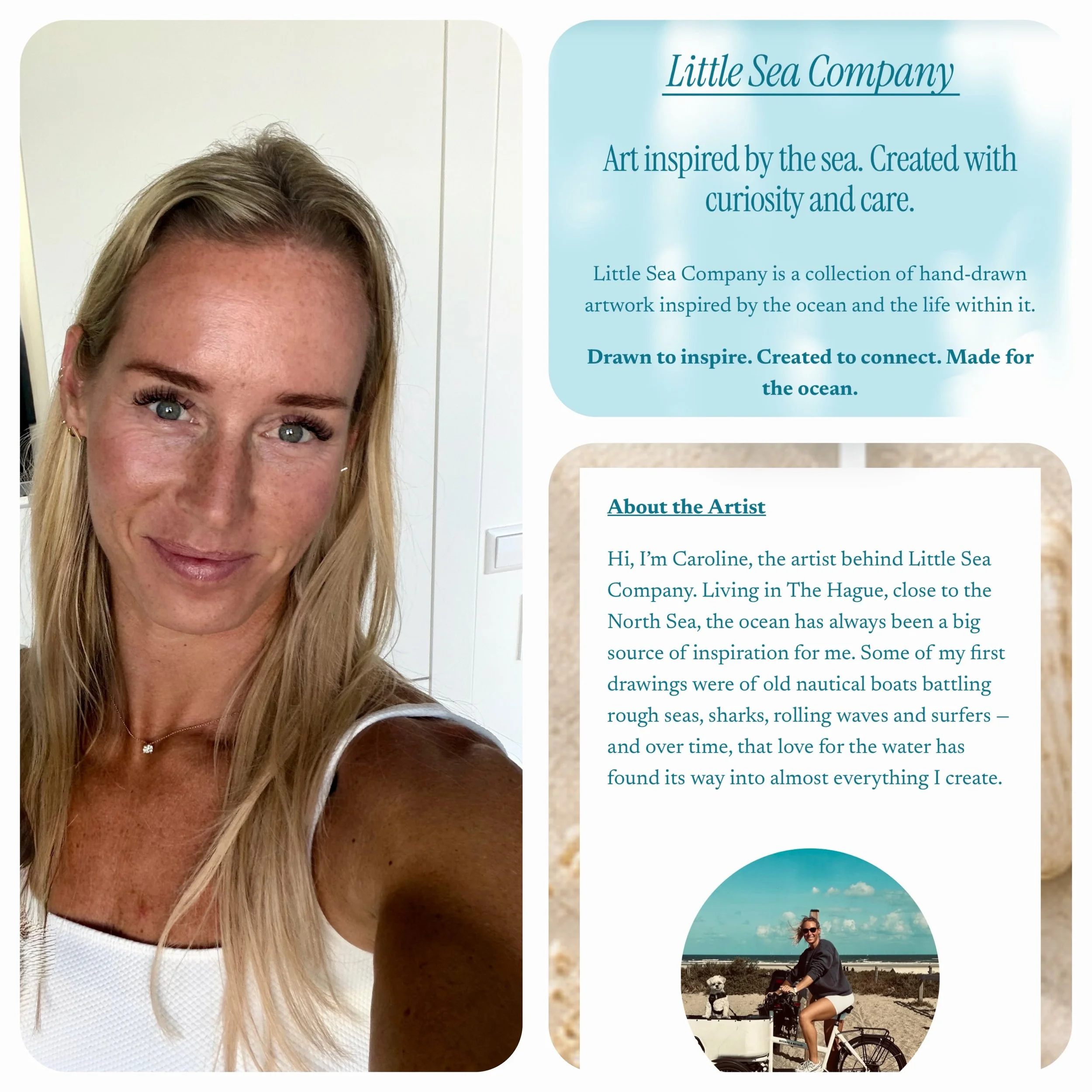 Hi, I&rsquo;m Caroline, the artist behind Little Sea Company 🌊

I&rsquo;m from The Hague, the Netherlands , but I grew up in New York and later lived in Florida, where I studied biology. I&rsquo;ve always loved the ocean, beaches and marine life&mda