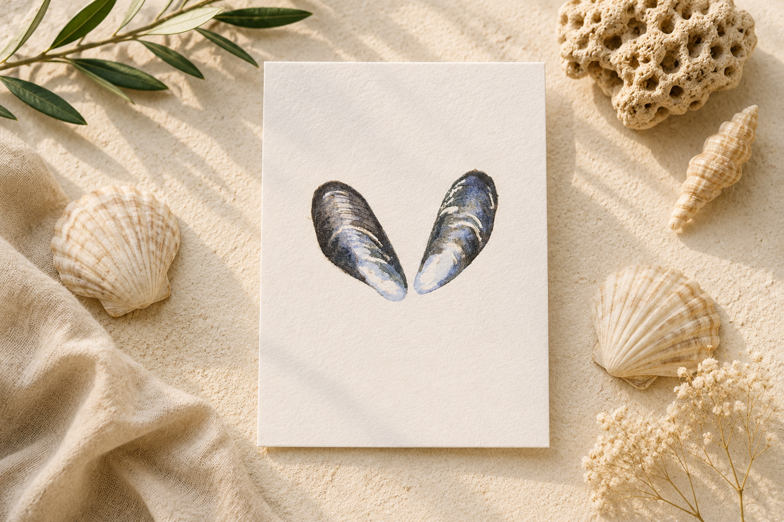 Coastal Mussel Shell Watercolor Print