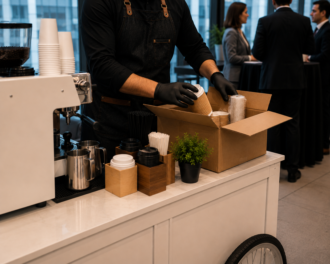 A barista in black gloves preparing disposable coffee cups at a mobile coffee cart, with a group of people in suits conversing in the background.