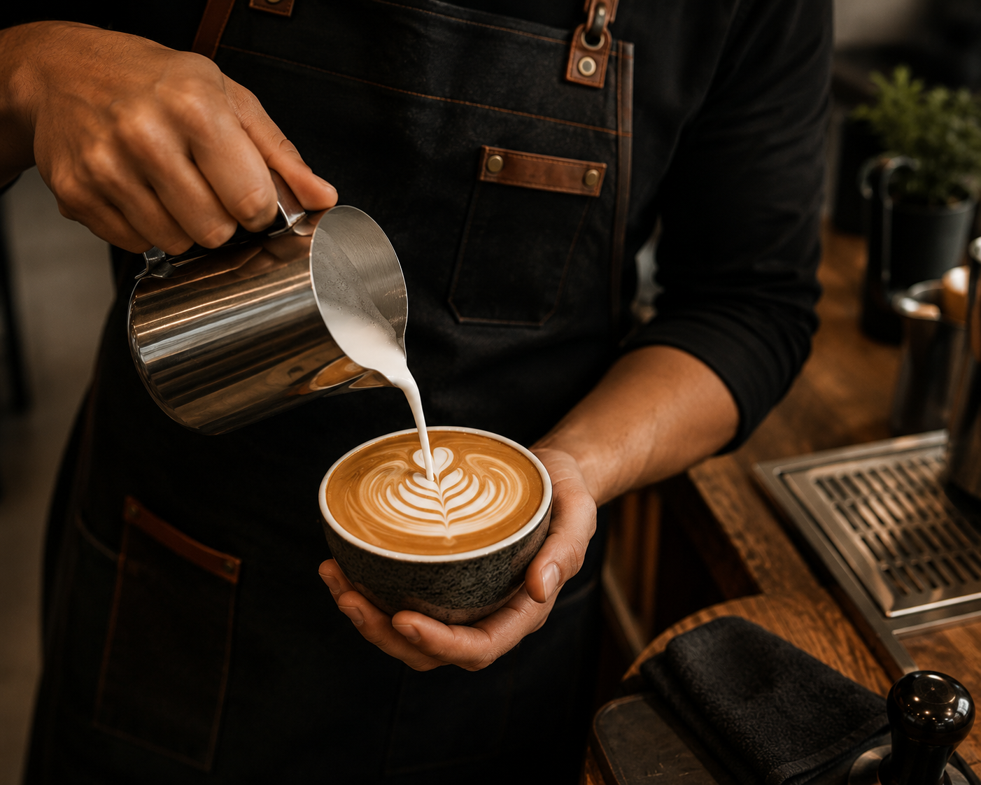 A barista pouring steamed milk into a cup of coffee, creating latte art with a heart and leaf pattern.