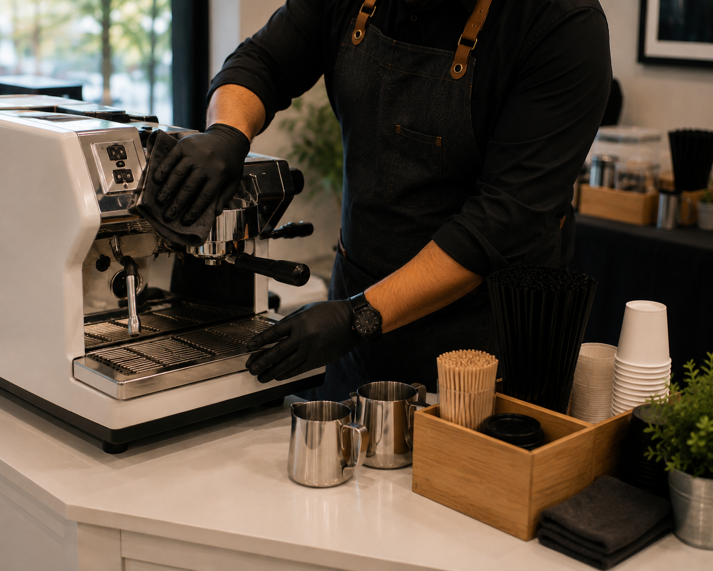 Barista prepares coffee using an espresso machine, wearing black gloves and a black apron.