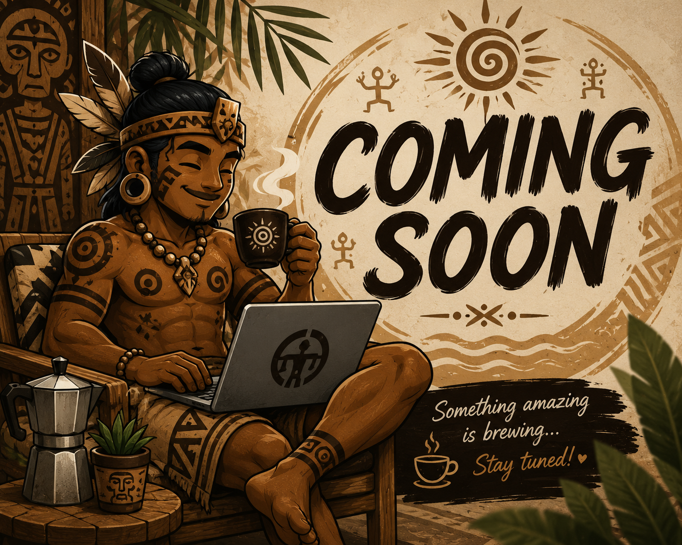 A cartoon-style illustrated native man with tattoos and traditional jewelry, sitting on a wooden chair, holding a steaming cup of coffee, working on a laptop with a relaxed expression. The background features tribal art, plants, and a message reading "Coming Soon" with a smaller text that says "Something amazing is brewing... Stay tuned!"
