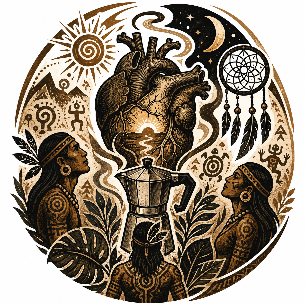Art depicting Native American women, a heart with a sunset and landscape inside, a dreamcatcher, the sun and moon, mountains, symbols, and leaves in earthy tones.
