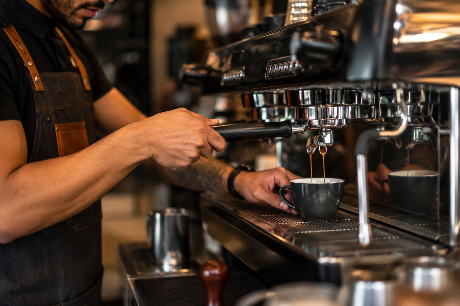 Barista pulling espresso shot from coffee machine into black cup in a coffee shop.